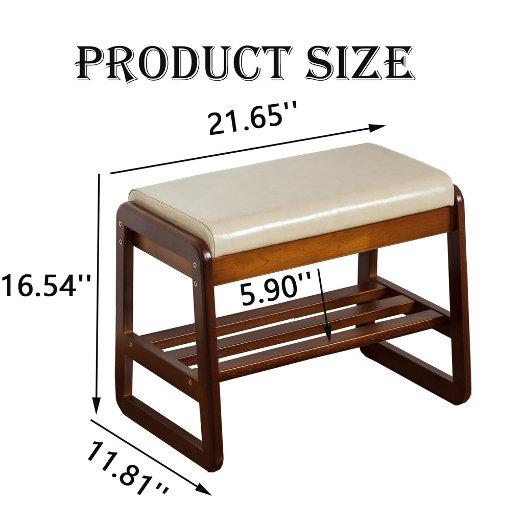 Solid Wood Bench, Entryway Shoe Bench with Cushion, 2 Tier Shoe Storage Organizer (Grey, 21.65''L)