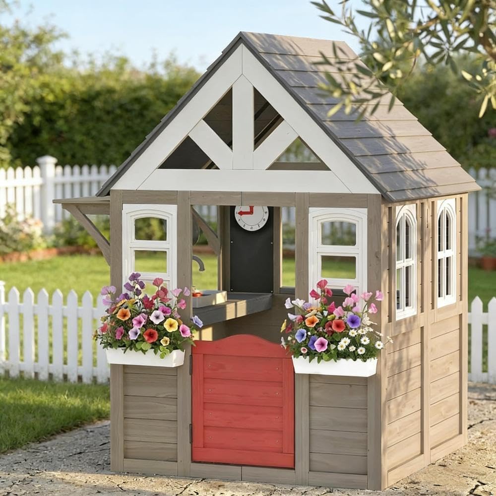 Wooden Playhouse for Kids: Ideal for Garden Adventures | Polypropylene and wood construction, gray finish, stove set