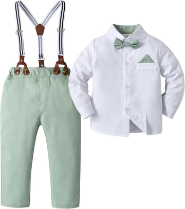 Baby Boys Pants Sets, Infant Long Sleeve Shirt + Pants + Bow Tie + Suspenders Outfits