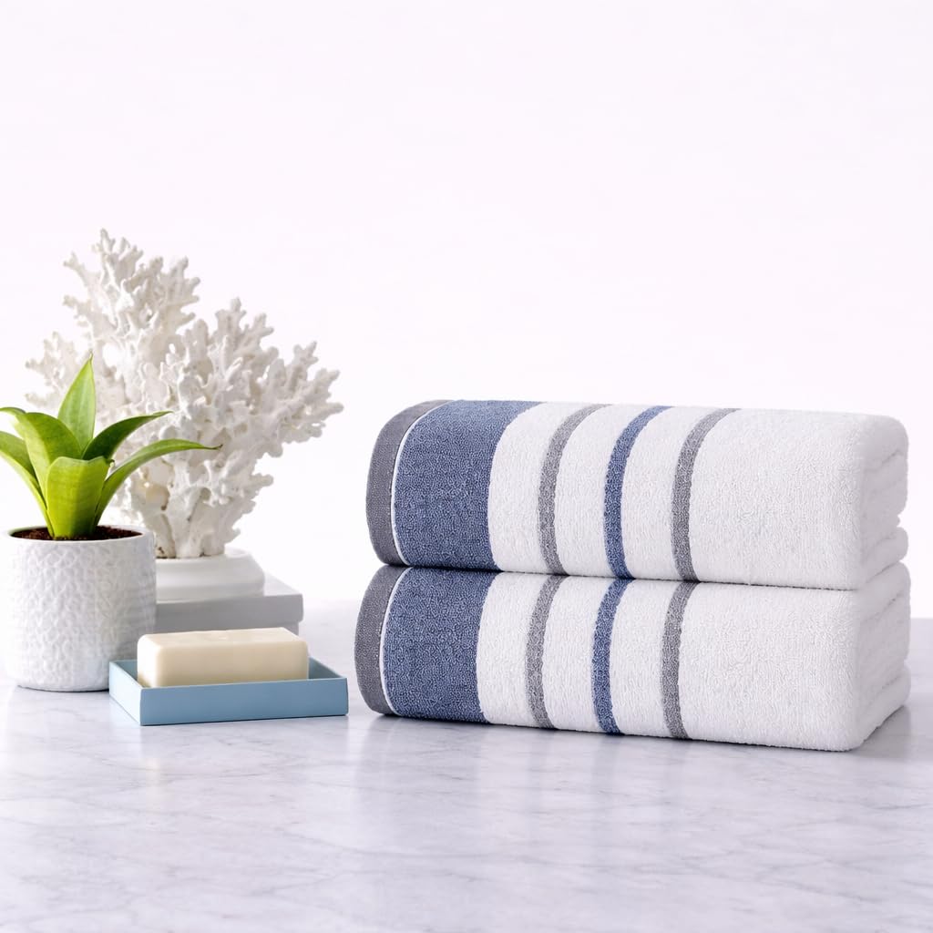 White Bay 2Pcs 100% Egyptian Cotton Large Designer Bathsheet Towels Set- Grey - Blue - 35"x70" 2Bath Sheet
