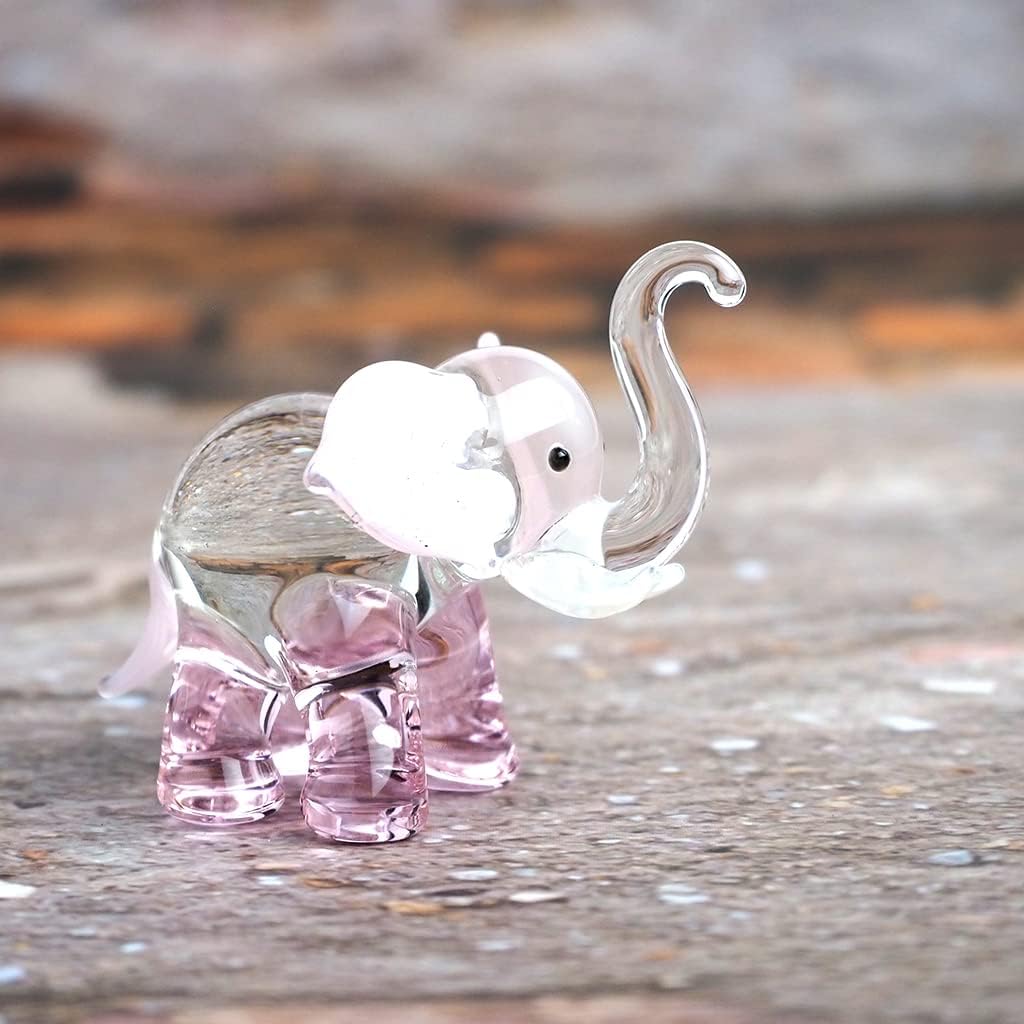 Lucky Elephant Figurines Pink Hand Blown Art Glass Collectible Animal Ornament Gift Decor, 1.5 x 2.5 x 1.8 inches