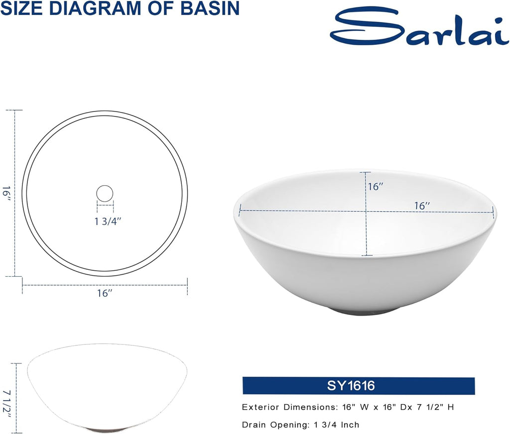 Vessel Sink Round - 16"x16" Modern Round Bowl Above Counter White Porcelain Ceramic Bathroom Vessel Vanity Sink