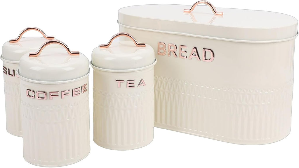 Kitchen Canister Set with Bread Box for Countertop, 4PC Iron Coffee Tea Sugar Canisters Storage with Lid, Airtight
