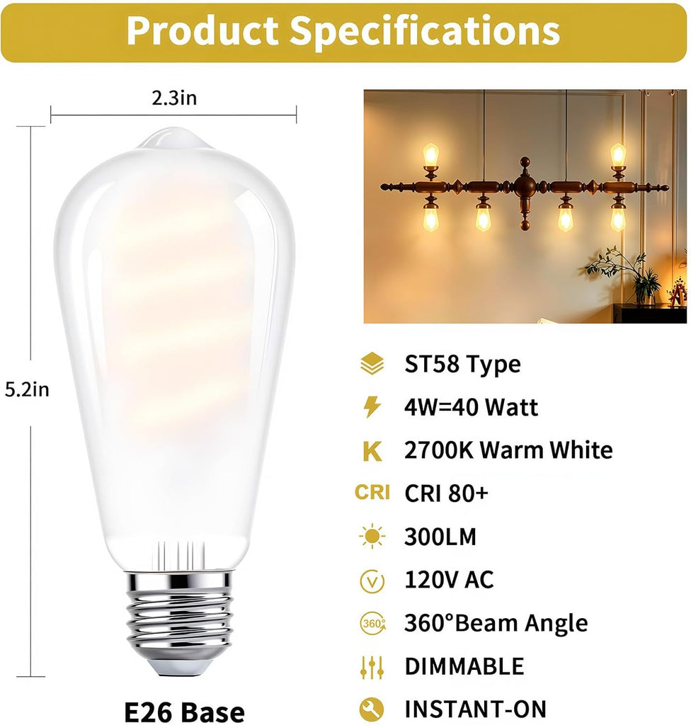 ST58 6-Pack Dimmable E26 Edison Bulbs,Soft White Frosted LED Bulbs