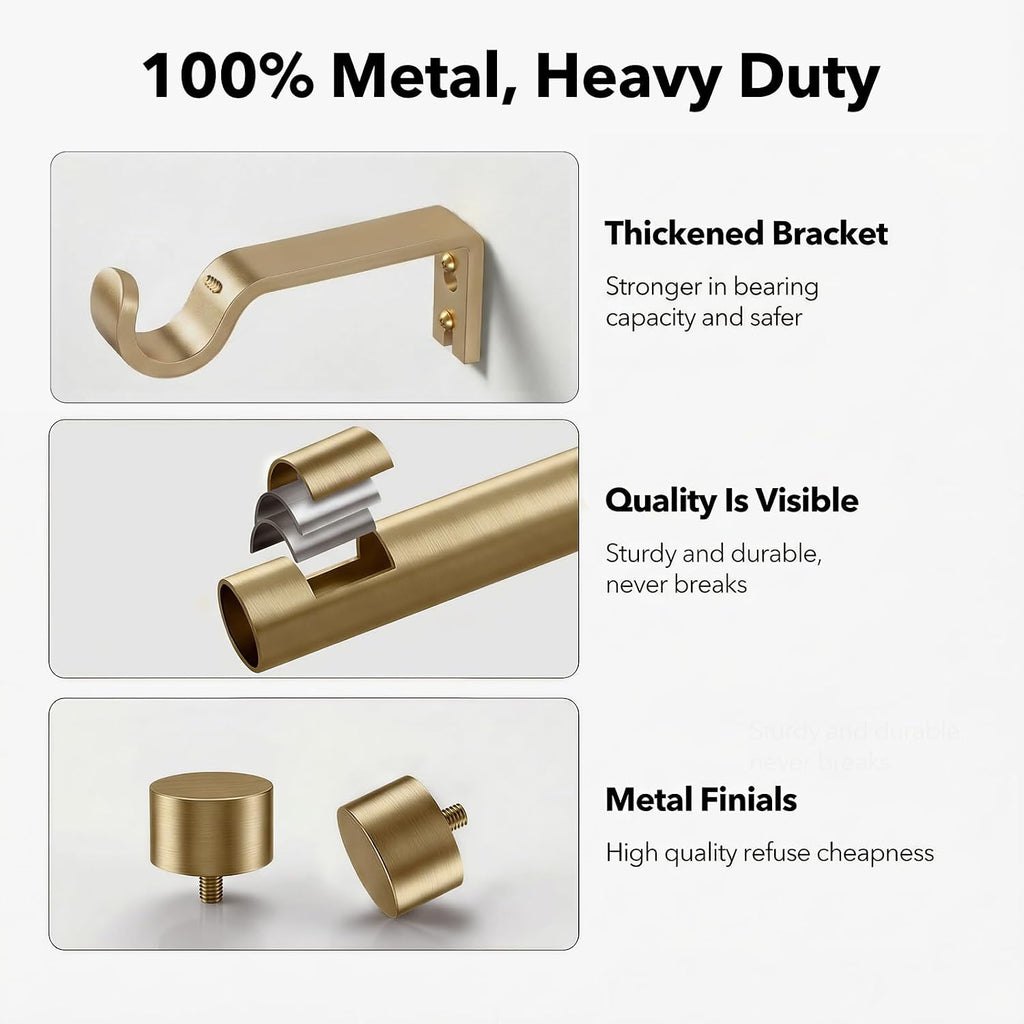 Heavy Duty Brush Gold Curtain Rods for Windows 32 to 120 Inch, 1 Inch Brass Curtain Rod Adjustable with Metal Modern