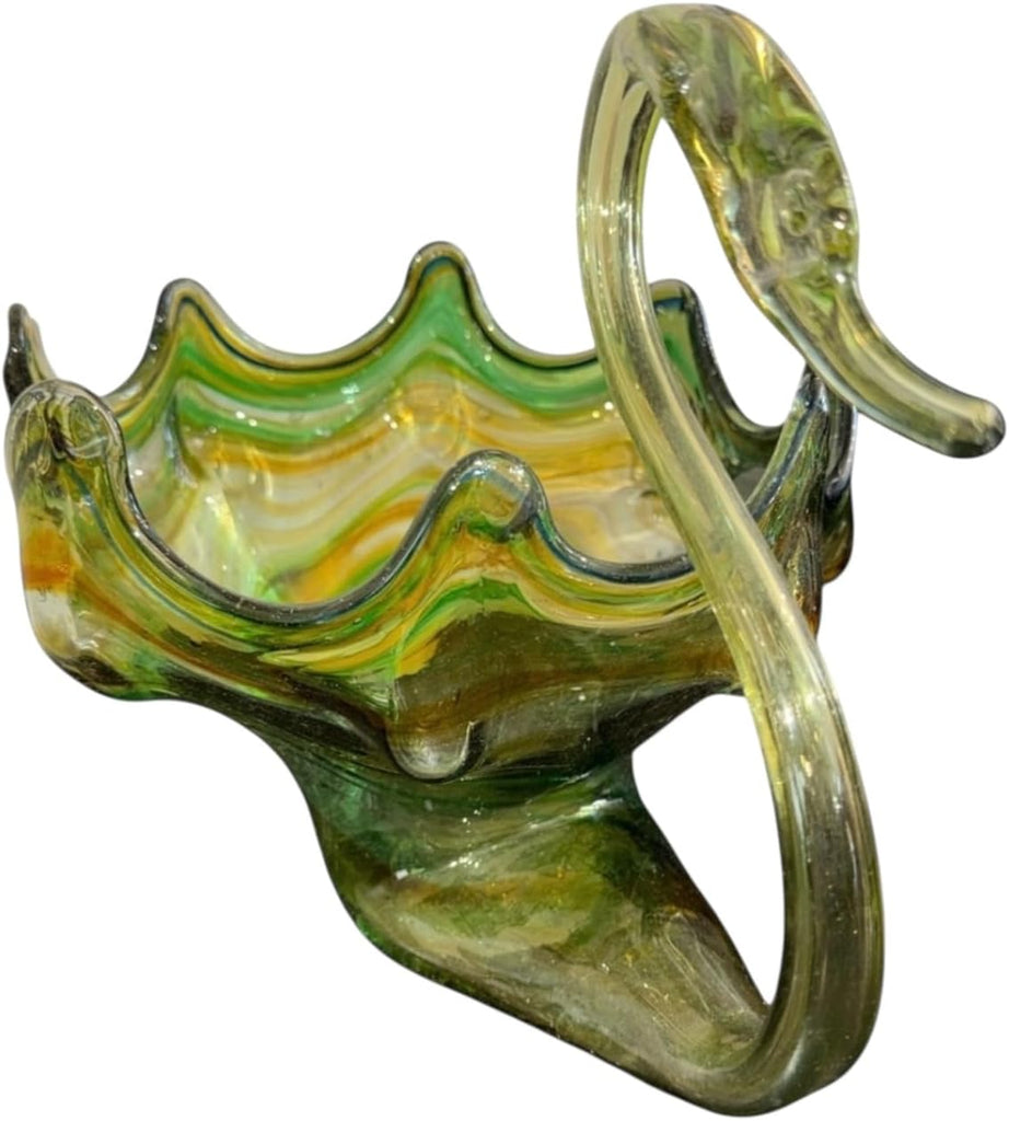 Handblown Art Glass Swan Bowl, Green Yellow Swirl, Decorative Centerpiece, Murano Style