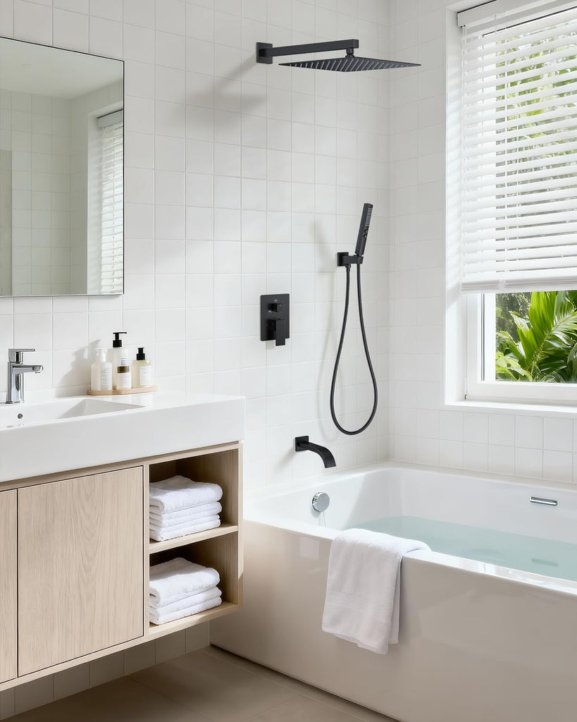 Shower System with Tub Spout, Bathtub Shower Faucet Set Matte Black