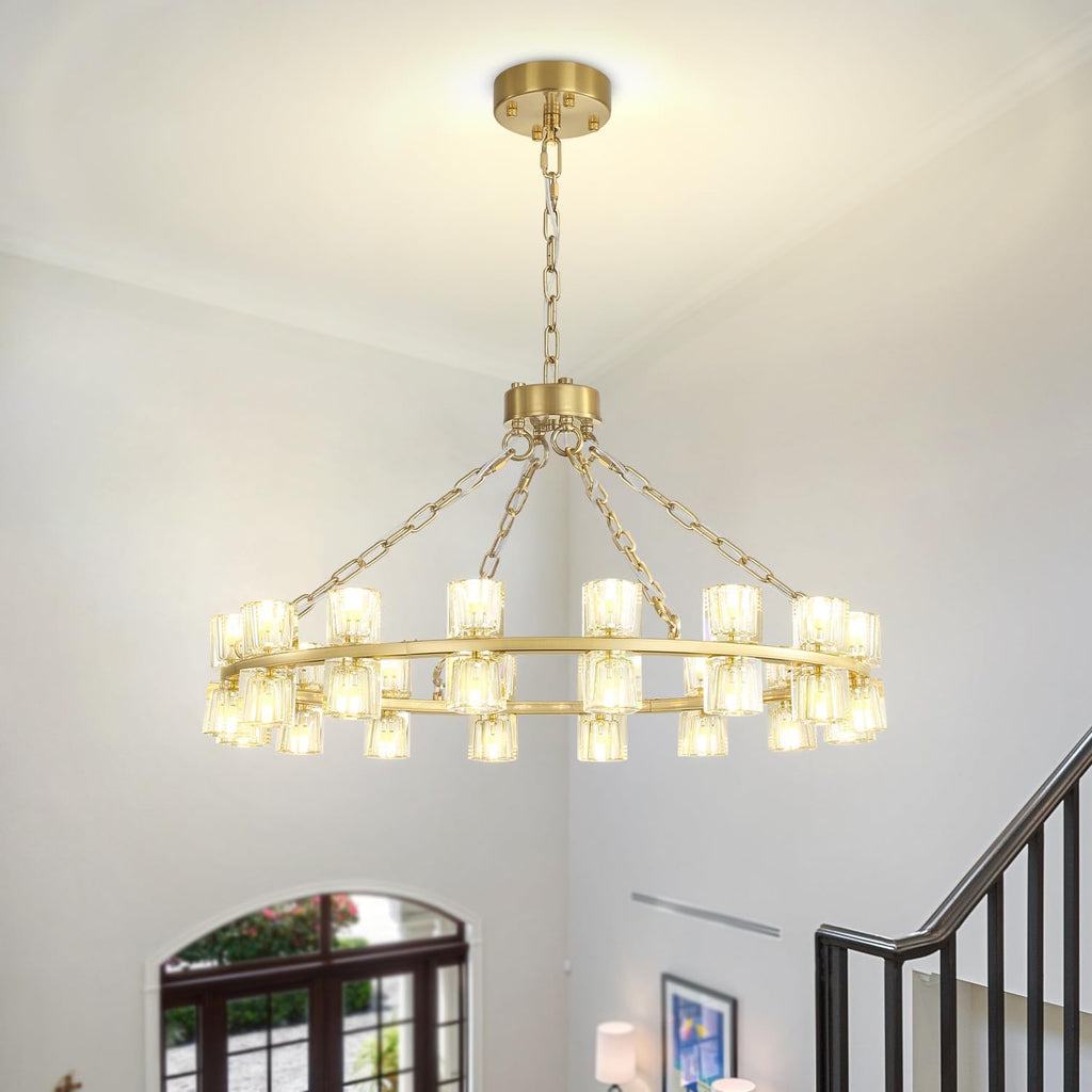 Inspired Arcachon Style Round Wagon Wheel Chandelier, 32" 32-Light Gold, Extended 32" Chain — Foyer, Dining & Living Room
