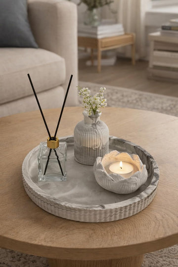 Marble Pattern Decorative Tray Set with Lotus Candle Holder and Mini Vase Decor - Modern Living Room Accent piece