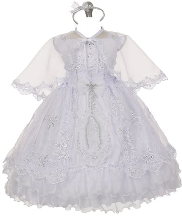 Virgin Mary Embroidery Off Shoulder Baby Infant Girl Baptism Christening Dress (TR40K1) White 1
