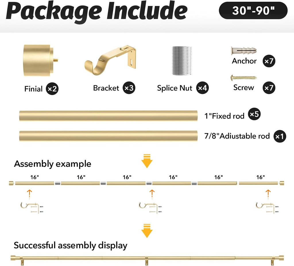 Gold Curtain Rods for Windows 48 to 84 Inch, 1 Inch Adjustable Heavy Duty Easy Install Curtain Rods Set (Gold, 30"-90")