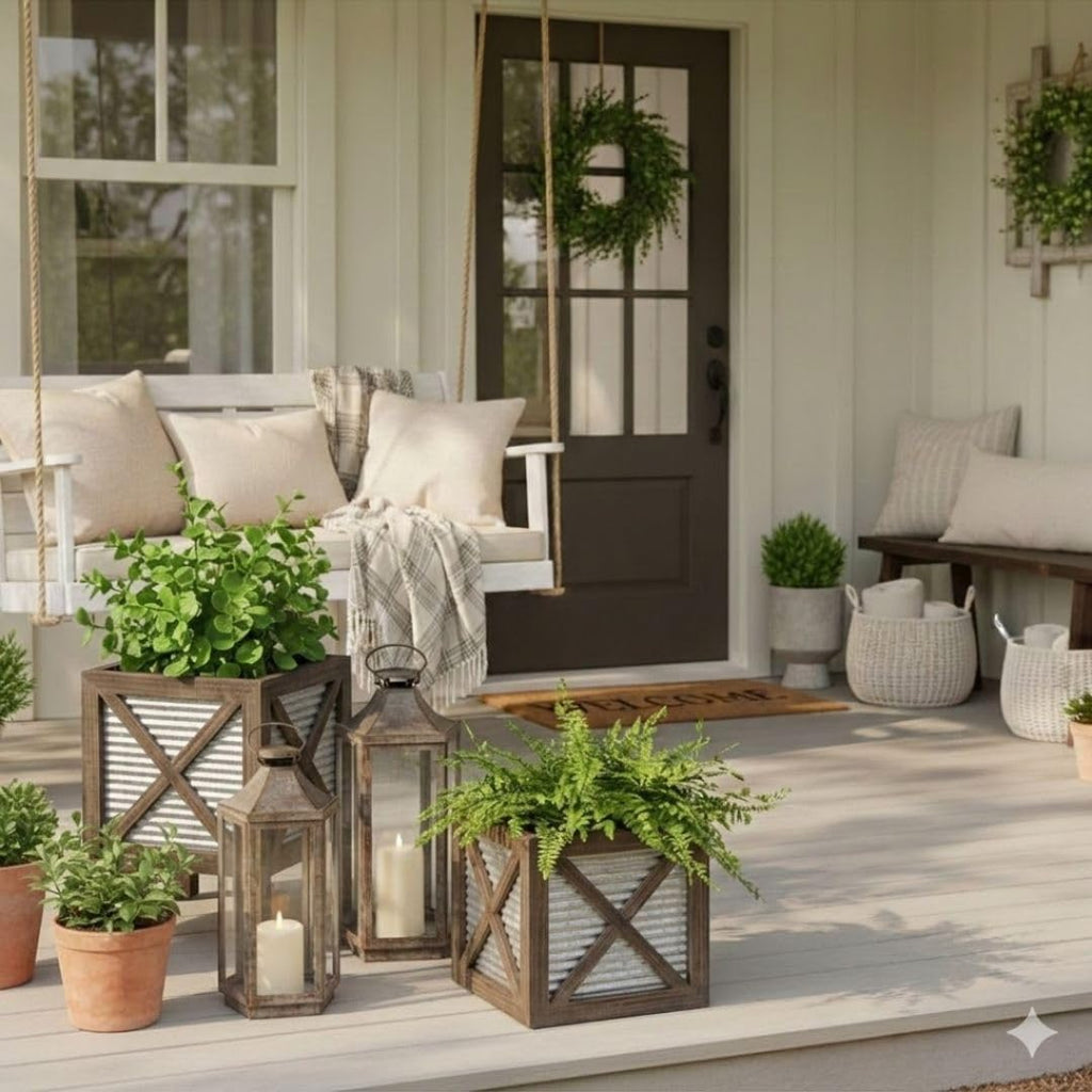 Front Porch Planters Set of 2, 15.7" & 10.2", Wood & Metal