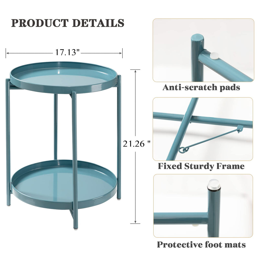 2 Tier Round Side Table, Folding Round Metal End Table Small Nightstand with Two Removable Tray Living Room Bedside