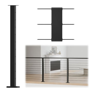 36" Black Cable Railing Post Surface Mount Level Drilled PS02 BH4S