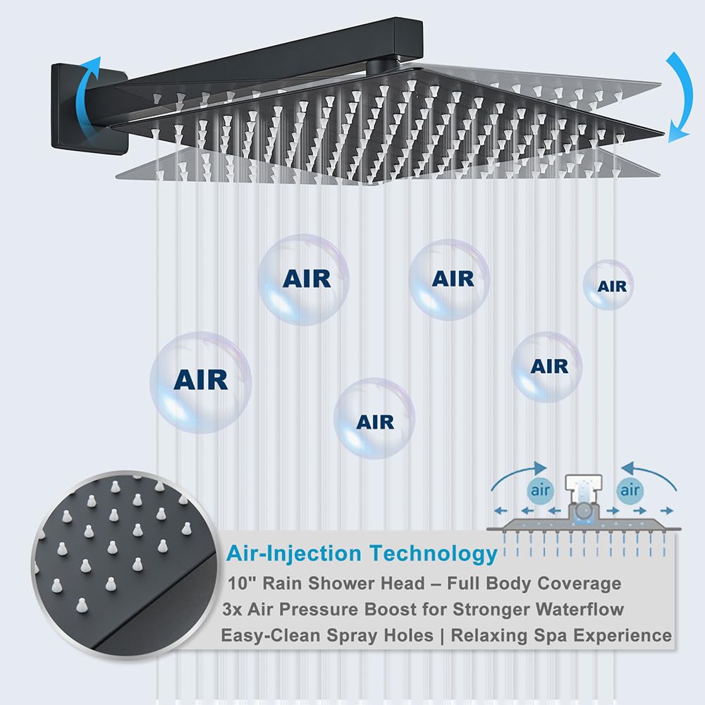 Black Shower System - 10" Rain Shower Head & Handheld Combo, Complete Shower Faucet Set with Rough-in Brass Valve &