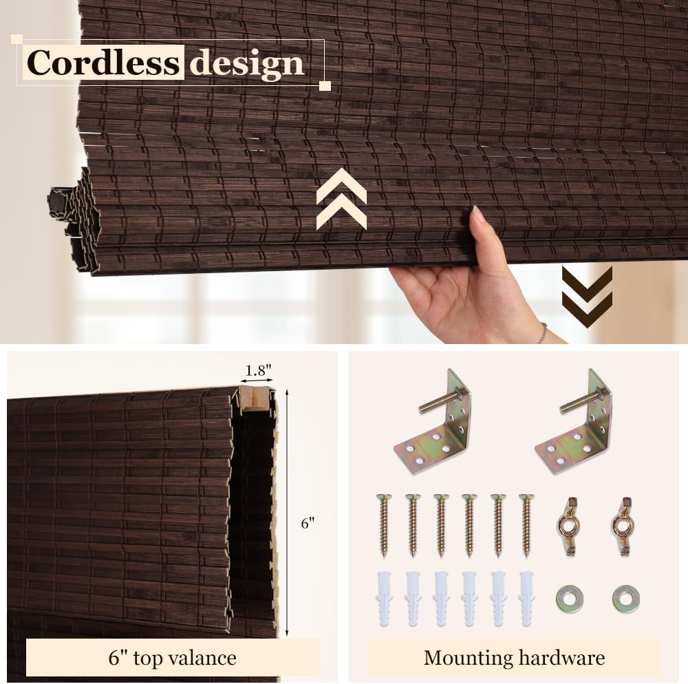 Cordless Bamboo Roman Blinds Shades for Indoor Windows-Blackout Room Darkening Roman Blinds with 6" Valance Cover