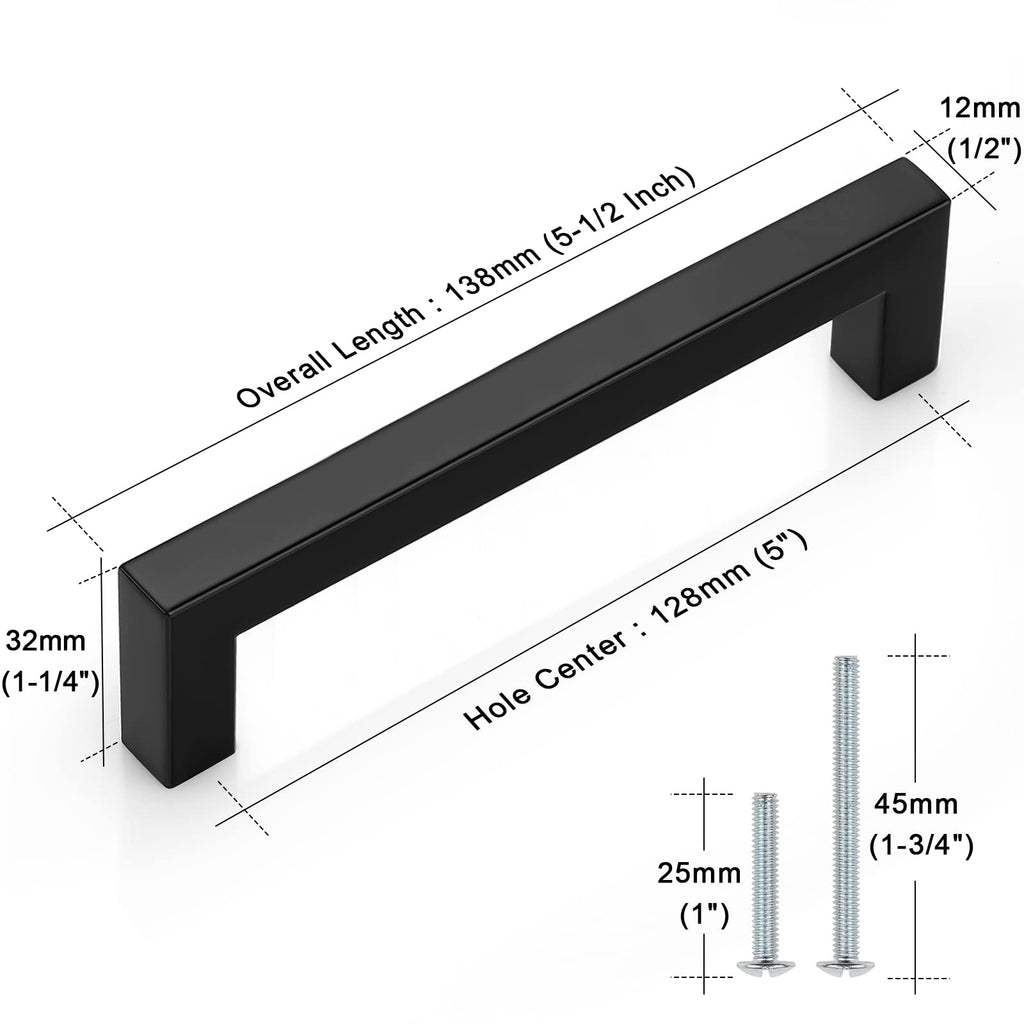 30 Pack Black Cabinet Pulls Square Kitchen Cabinet Hardware 5 Inch(128mm) Hole Center Modern Drawer Handles Stainless