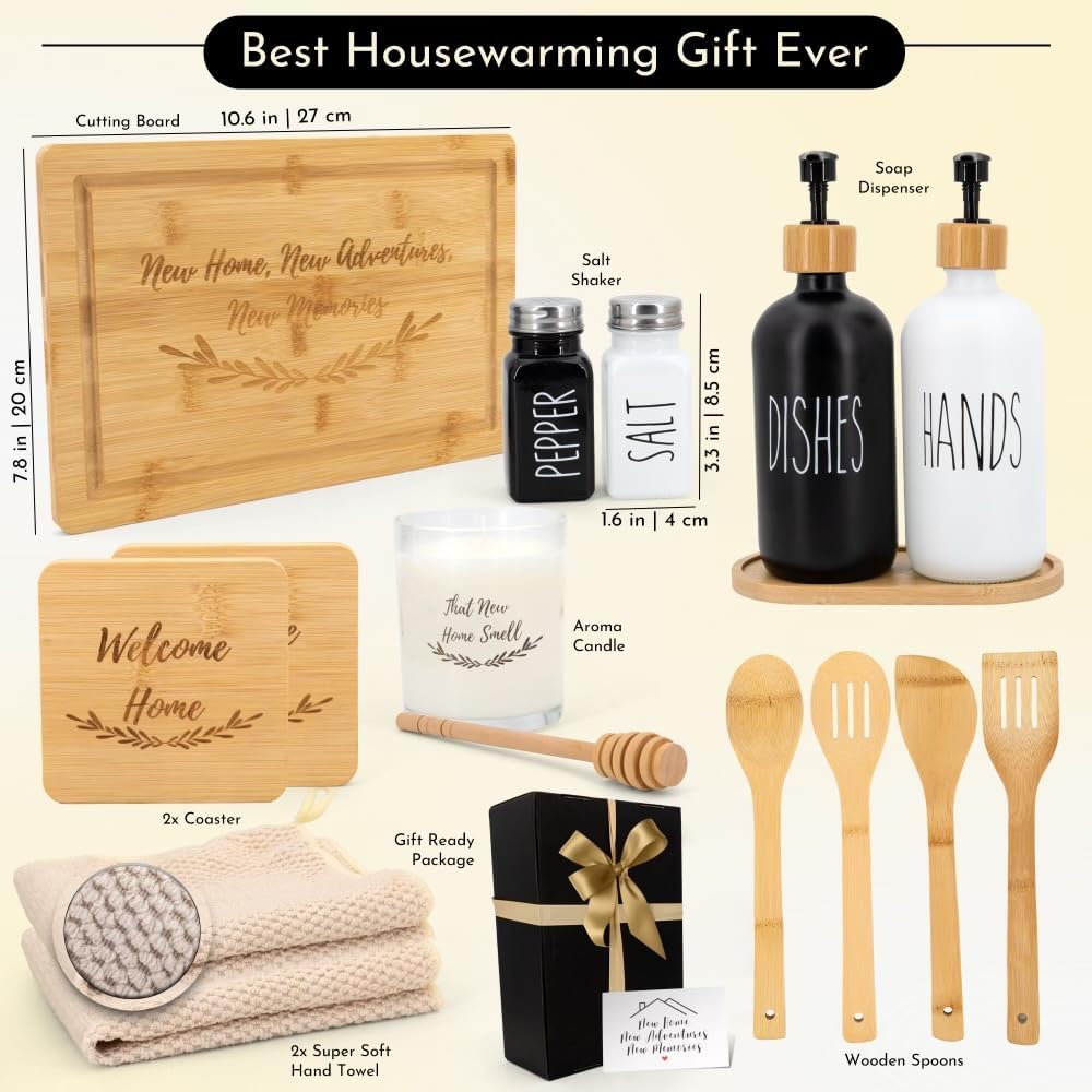 House Warming Gifts New Home - Home Essentials for New Home Gift Set Includes Scented Candle, Bamboo Cutting Board - Set of 18