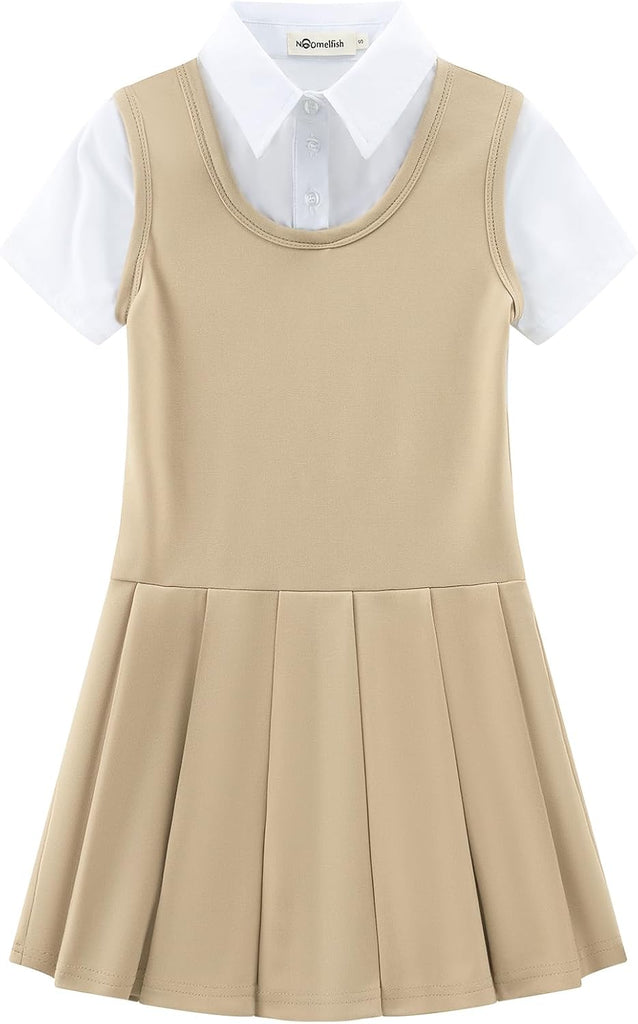 Girls 2 in 1 School Uniform Dress Short Sleeve Pleated Jumper Button Down Shirts Dresses