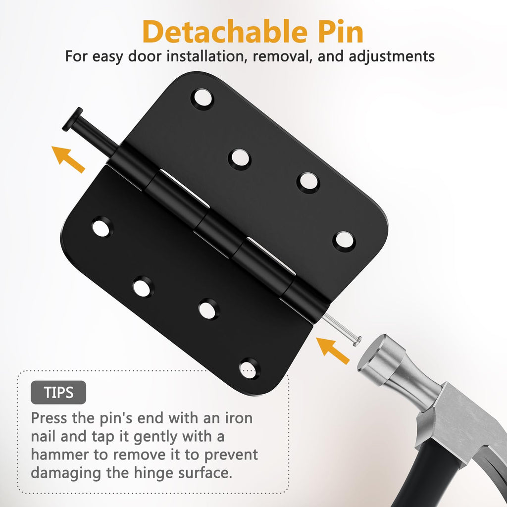 6 Pack Rounded Door Hinges 4 Inch, Black Exterior & Interior Door Hinge with 5/8'' Radius Corner, Removable Pin