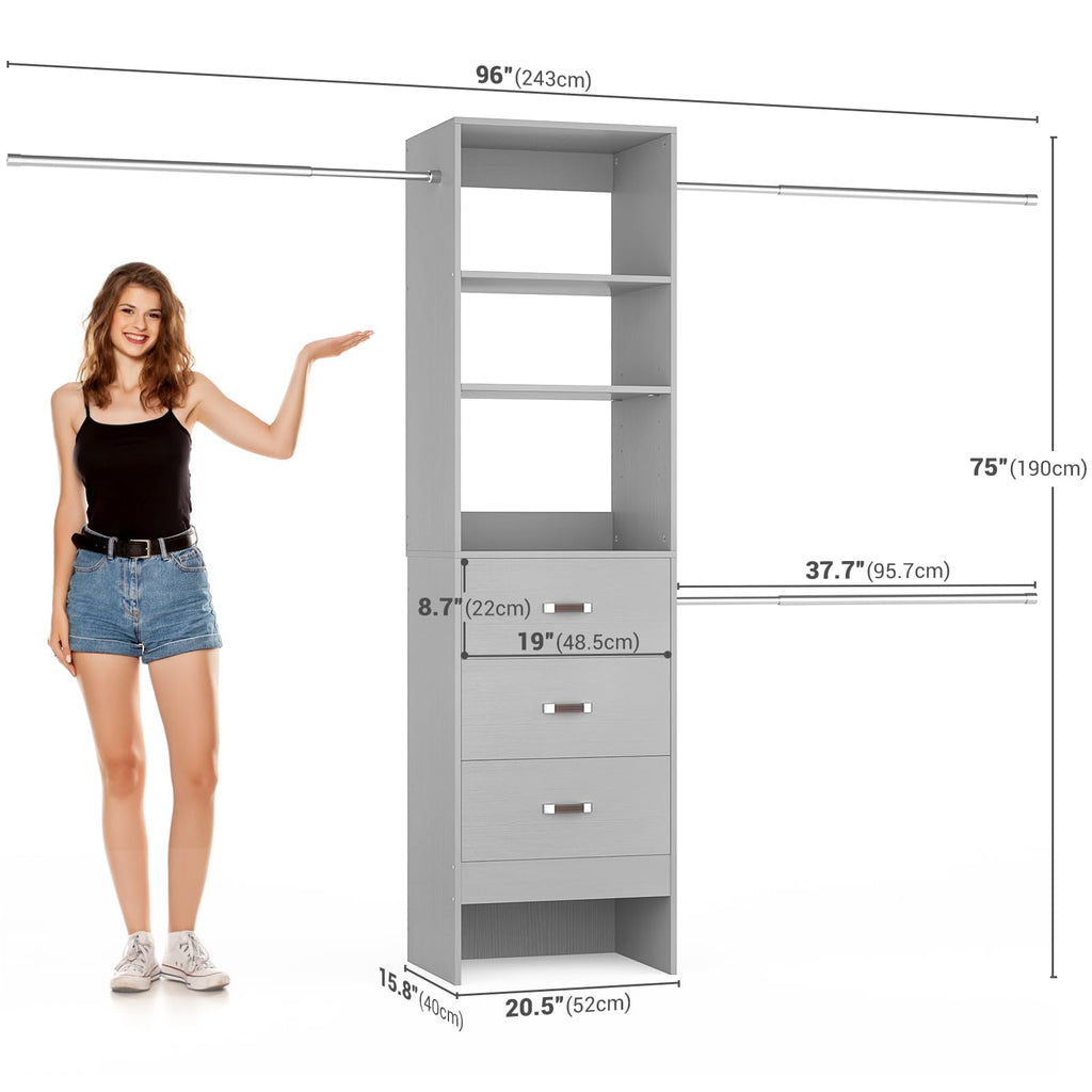 96'' Closet Organizer System with 3 Hanging Rods, 8FT Closet Organizers and Storage with 3 Wooden Drawers, Built in