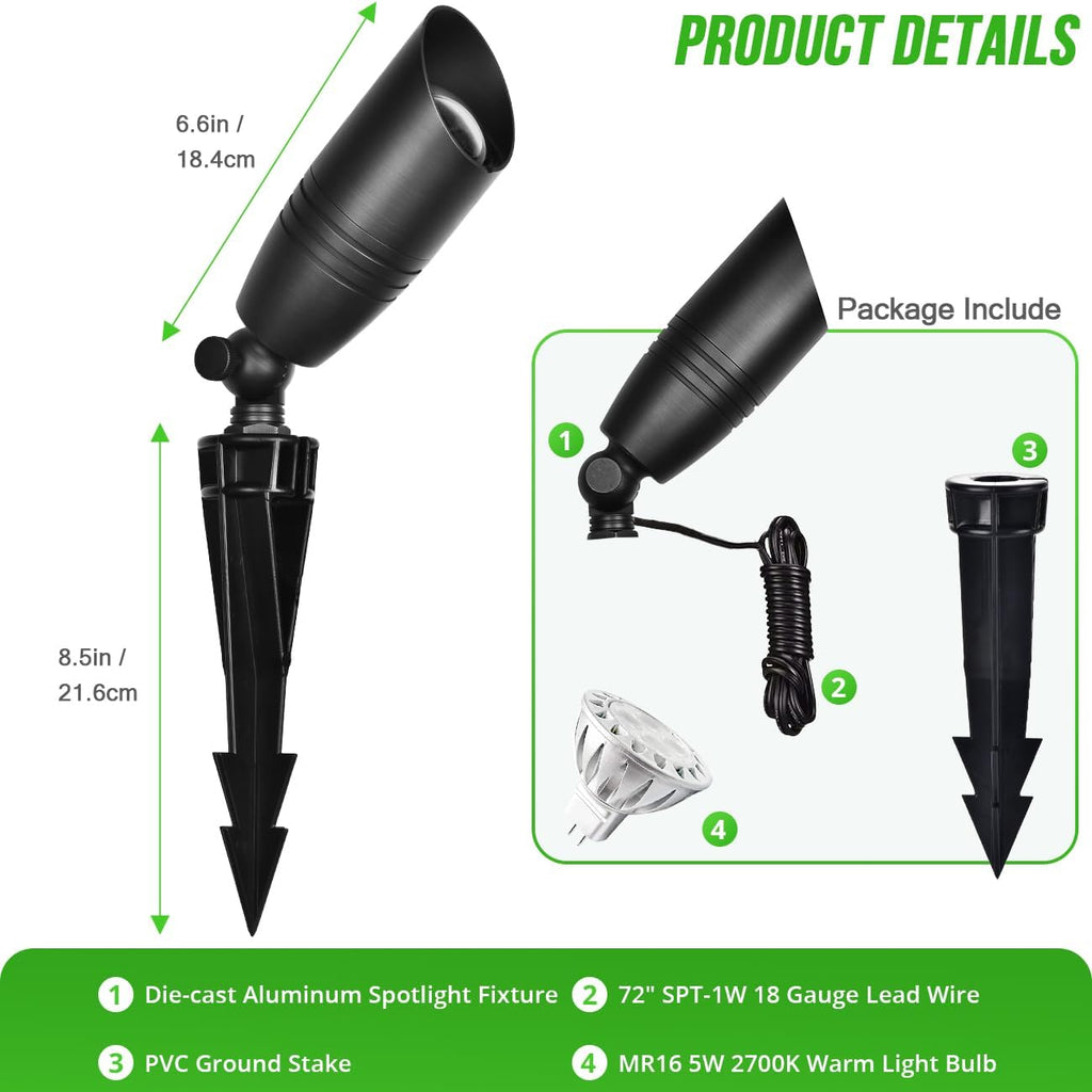 Landscape Spotlights Outdoor, 12V Low Voltage Landscape Lighting Fixture with 5W MR16 LED Bulb, Black Aluminum Yard