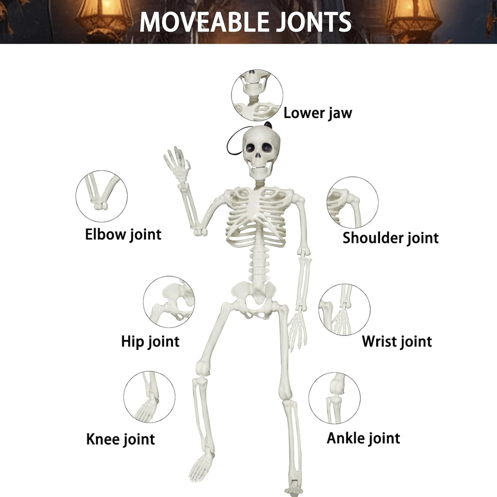 Halloween Skeleton Decorations, 16" Small Poseable Full-Body Skeletons with Movable Joints, Hanging Plastic - Set of 8