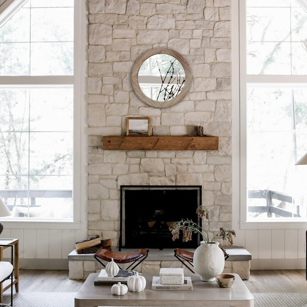 Round Mirror, Farmhouse Decor Solid Wood Frame Wall Circle Mirror, Decorative Mirrors Over Sink, Living Room