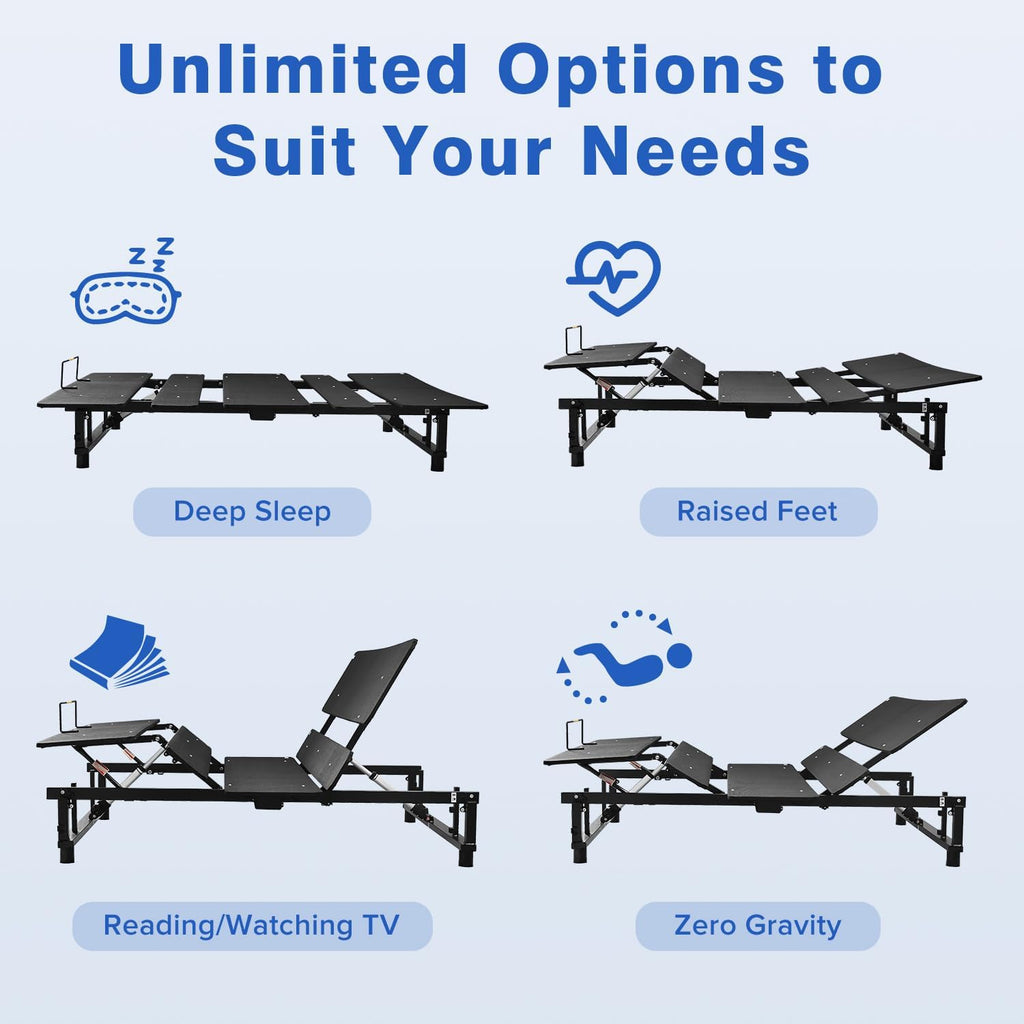Adjustable Bed Frame, Head and Foot Lift, Ergonomic Electric Bed Base, Head and Foot Incline, Zero Gravity Bed