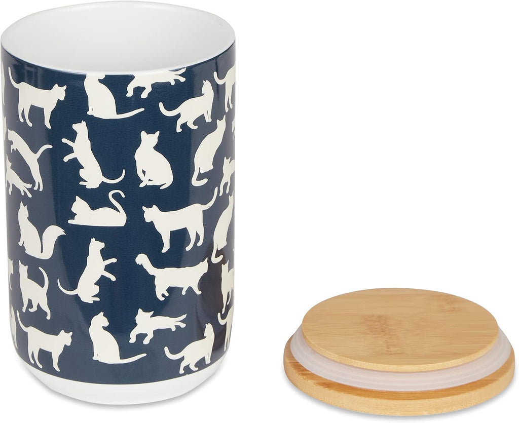 Ceramic Treat Jar for Cats and Dogs, Bamboo Lid, Dishwasher Safe Canister, 4x6.5", Navy, Cat Treats