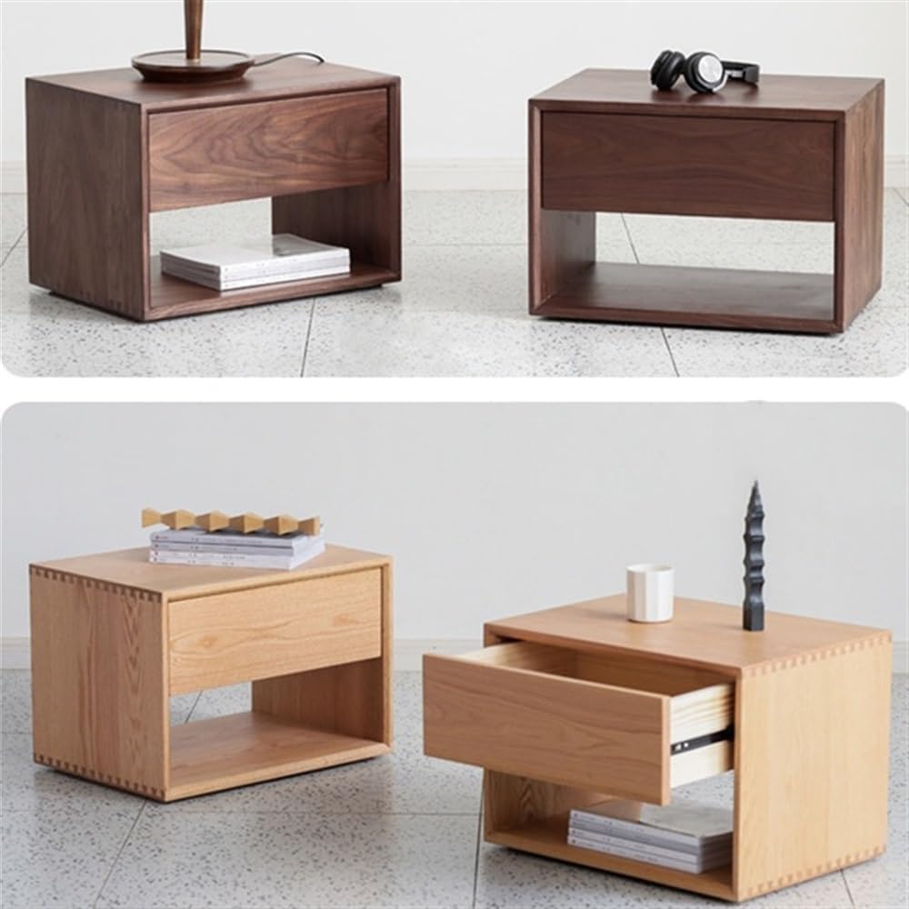 Mid-Century Modern Solid Wood Nightstand with Drawer, 2-Tier Bedside Table with Open Storage Shelf, Natural