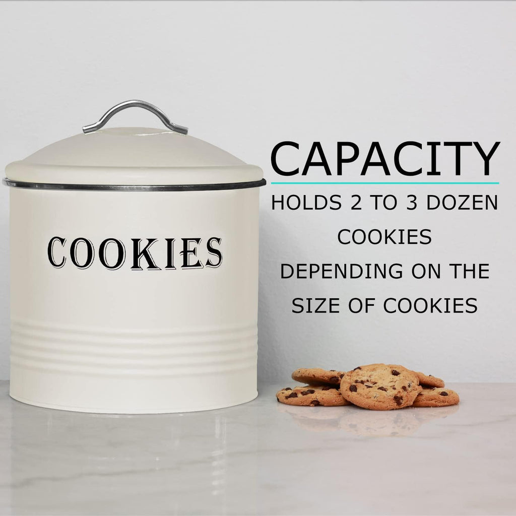 Vintage Cookie Jar - Airtight Counter Cookie Container, Ivory Tin with Lid for Gift Giving, Large Capacity