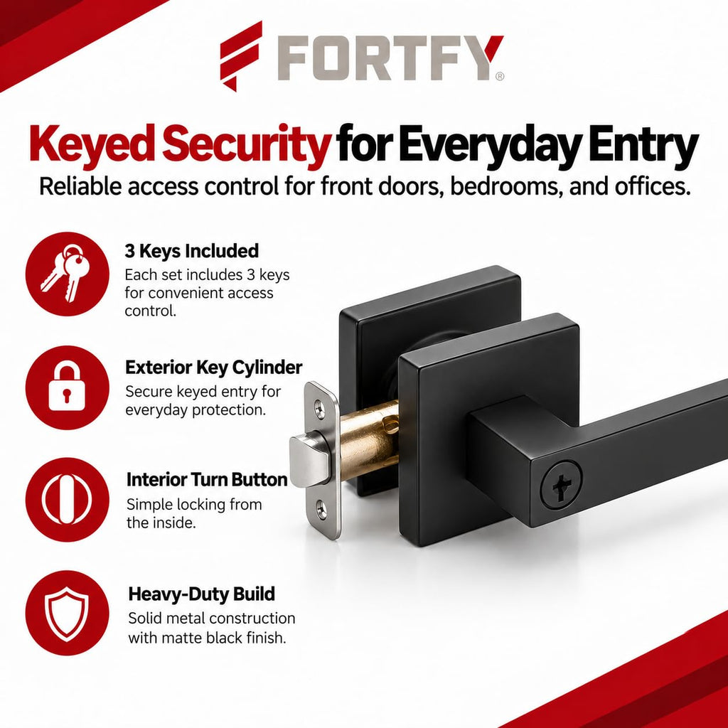 Matte Black Door Lever with Lock and Key - Keyed Entry Handle for Front Door, Bedroom & Office, Square Modern Lever