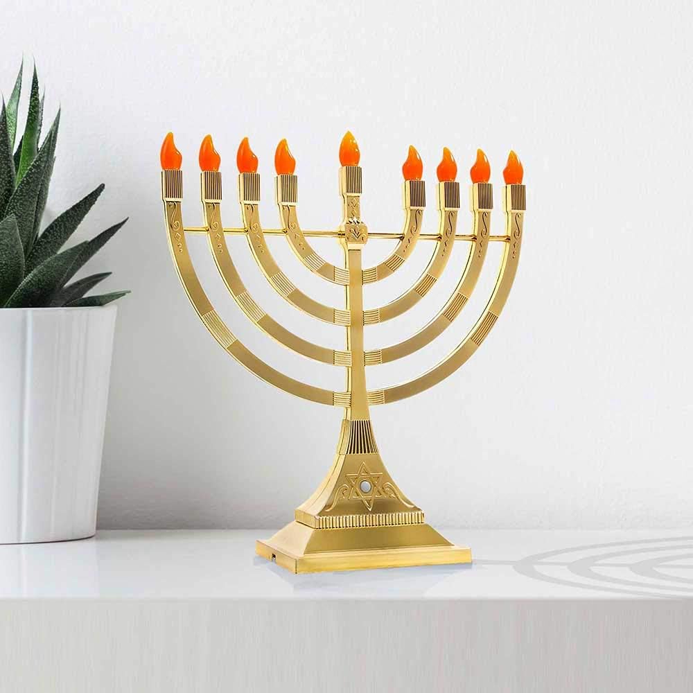 Zion Judaica LED Gold Menorahs Battery or USB Powered Menoras Electronic Hanukkiah Battery Minorah Flamless - Set of 2