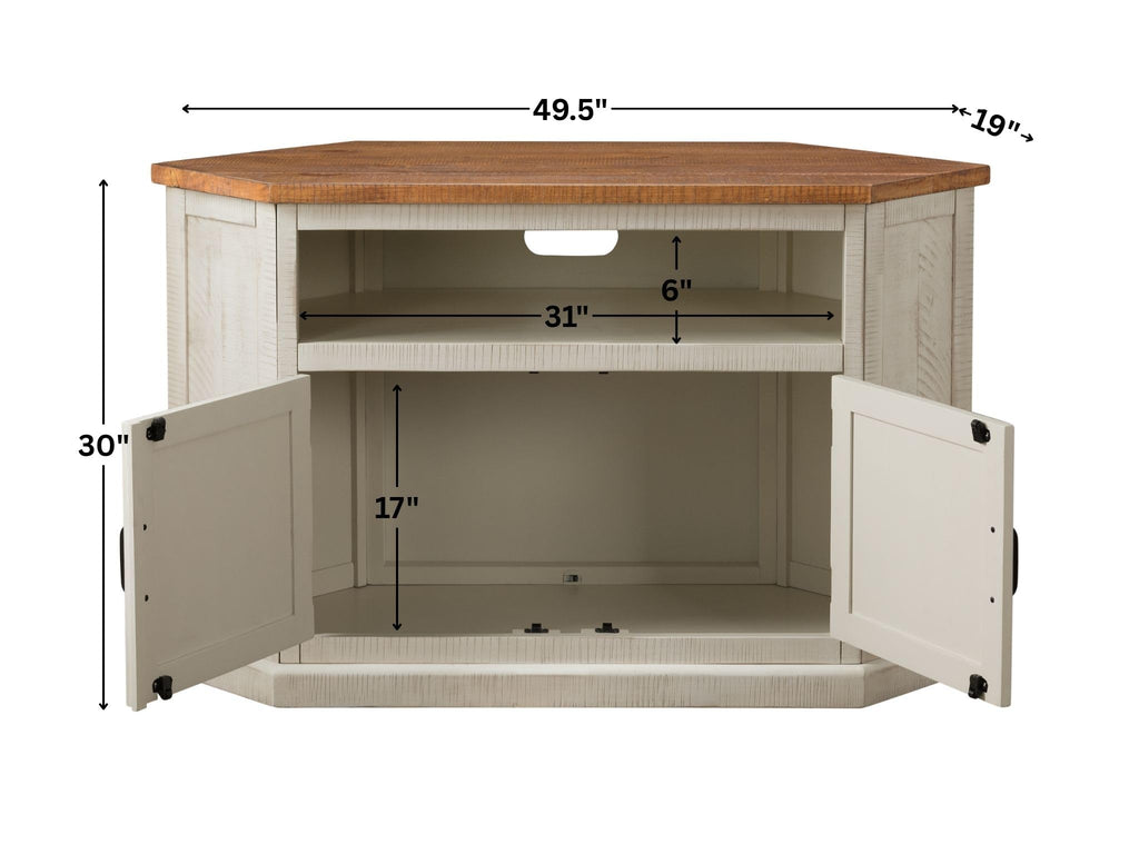 Rustic Corner Solid Wood TV Stand, White and Honey