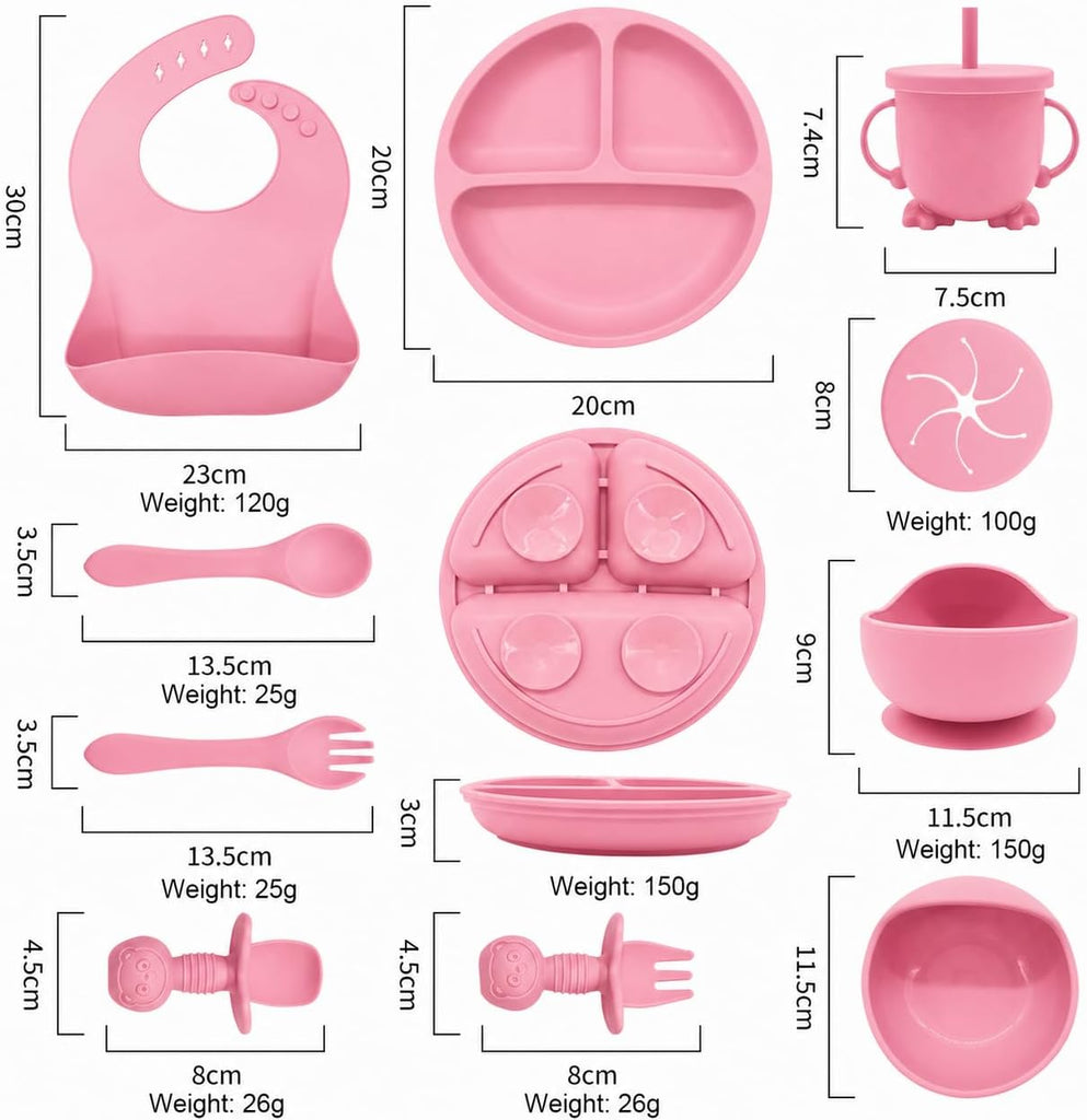 Feeding Set, Silicone Baby Feeding Set with Suction Bowls, Divided Plates, Adjustable Bib, Baby Utensils Spoons