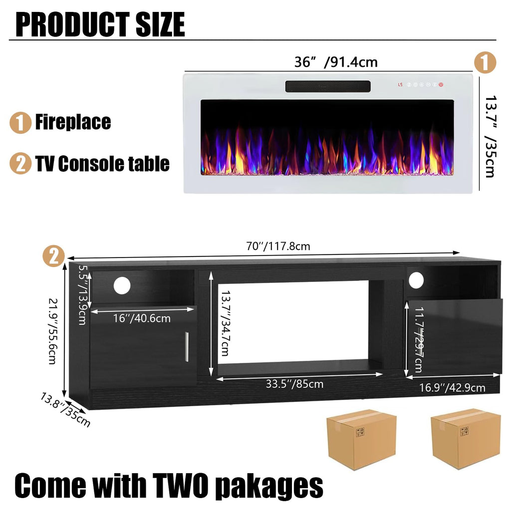 TV Stand Fireplace with 36" inch Electric Fireplace Up to 80" TVs, LED Light Entertainment Center, 70" Modern Wood