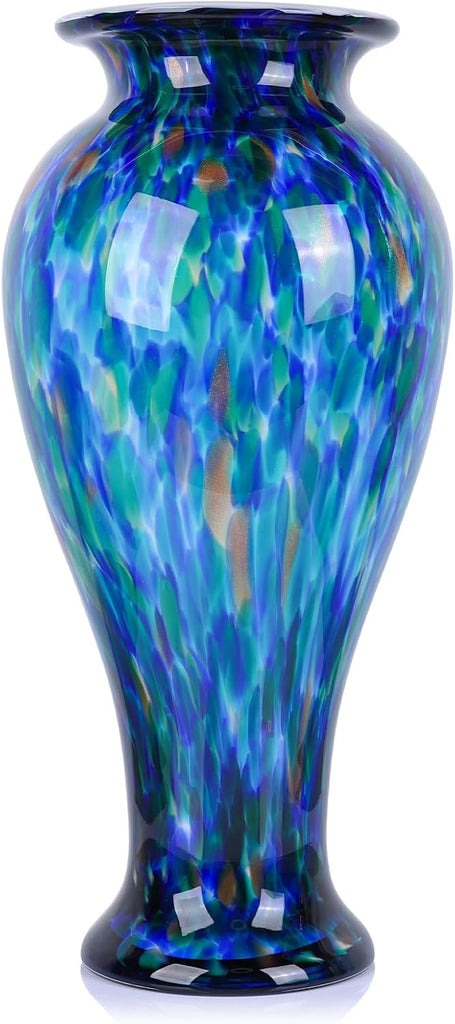 20" Tall Teal Blue Glass Vase Hand Blown Large Floor Glass Vase Home Decor, Pretty Modern Teal Blue Flowers Vases