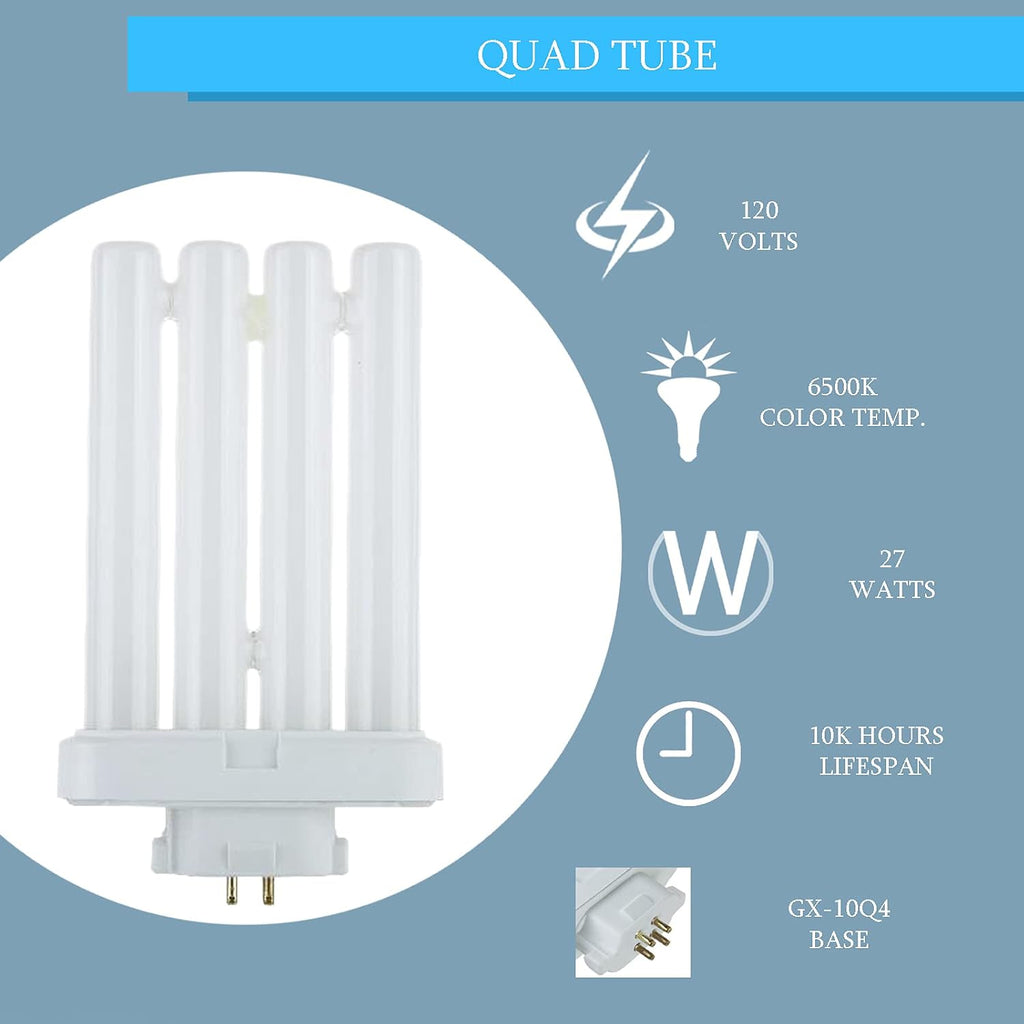 Compact Fluorescent 27W Quad Tube, 6500K Daylight Light FML Light Bulbs with GX10Q-4 Base - 2 Pack