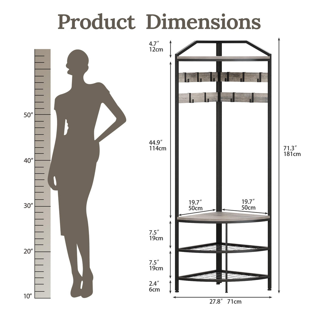 Grey Corner Hall Tree with Shoe Bench Entryway Coat Rack with 10 Metal Movable Hooks Rustic Farmhouse Floorstanding