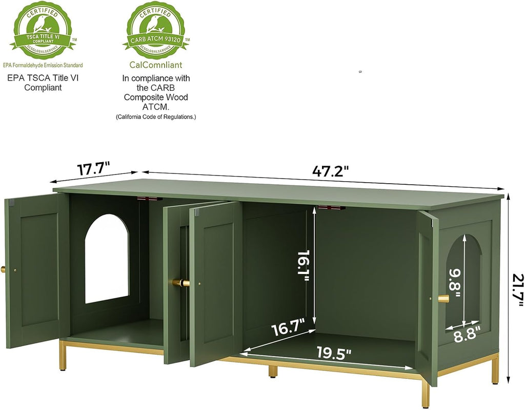 47.2" L Cat Litter Box Enclosure for 2 Cats, Green and Gold