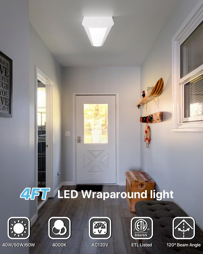 4FT LED Wraparound Light, 60W/50W/40W, 4000K 48Inch Garage Ceiling Lights Surface Mount, ETL Listed