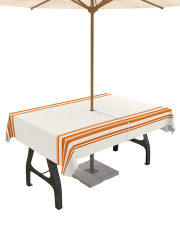 Fall Outdoor Tablecloth with Umbrella Hole, Farmhouse Orange Stripe Rectangle Tables Zippered Table Cloth Waterproof