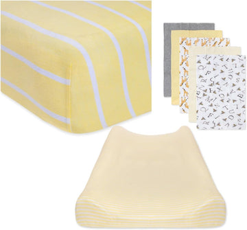 Unisex Baby Gift Set - Crib Sheet, Changing Pad Cover & Burp Cloths, 100% Organic Cotton Essentials Bundle