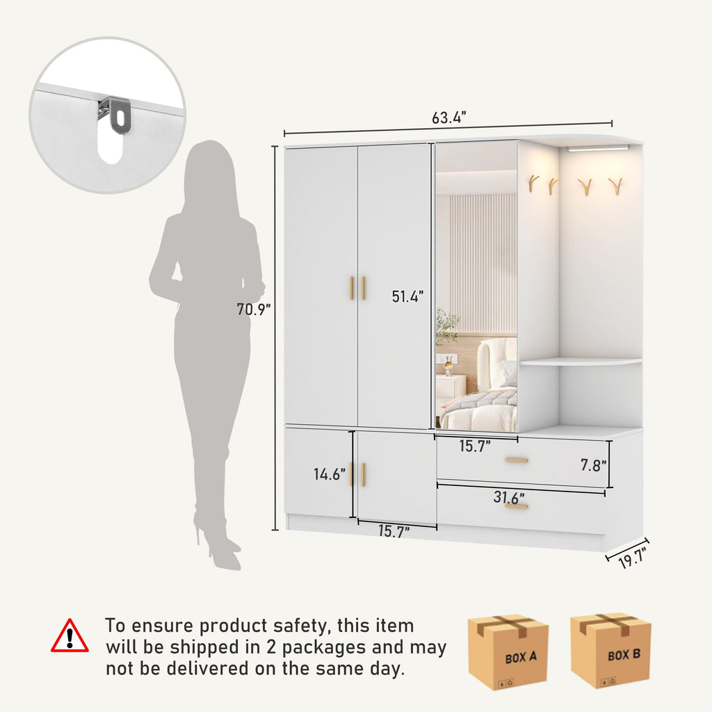 Armoire Wardrobe Closet with Mirror & Sensor Light, Bedroom Armoire with 5 Doors & 2 Drawers, Modern Wooden Large