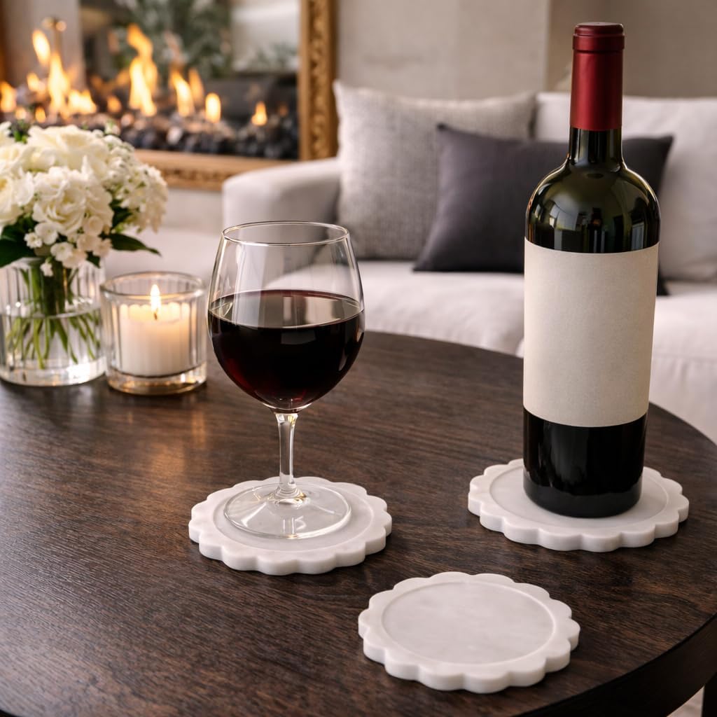 4 inch White Marble Coasters- Natural Stone Drink Cup Coasters, Farmhouse Coffee Table Decor, Modern Flower - Set of 4