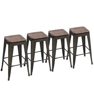 30" Backless Metal Bar Stools with Wood Seat, Gunmetal Set of 4