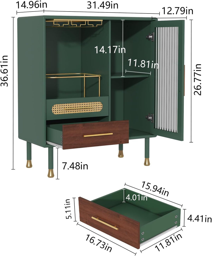 Modern Coffee Bar Cabinet with Pull-Out Wine Storage, Green | Bar Cart with Wine Glass Rack and Drawers, Liquor