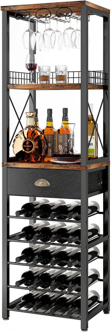 Wine Rack Freestanding Floor, Bar Cabinet for Liquor and Glasses | 4-Tier bar Cabinet with Tabletop, Glass Holder