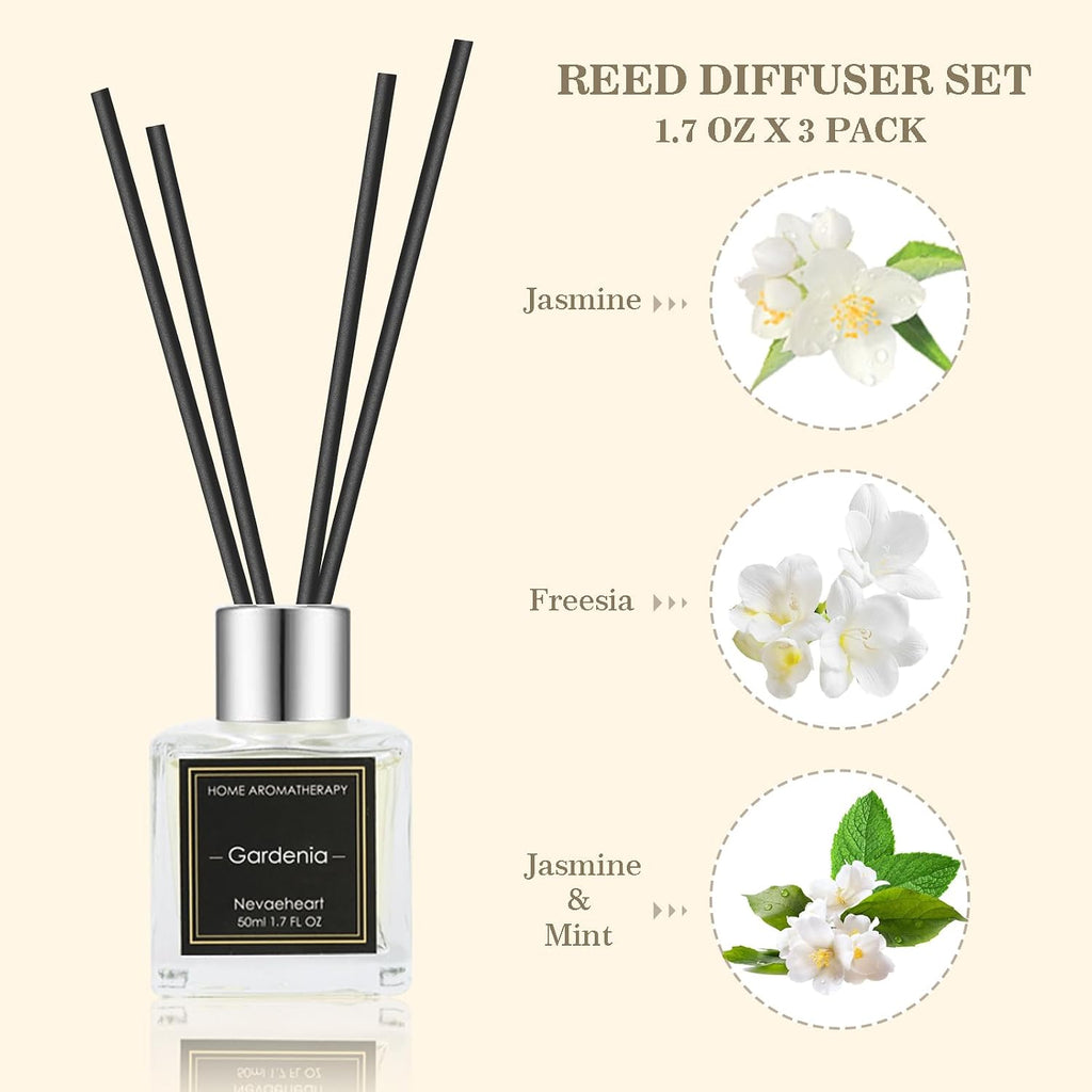 Reed Diffuser Set, Gardenia/Freesia/Jasmine & Mint Reed Diffuser Gifts for Women,1.7OZ x 3Packs Reed Diffuser